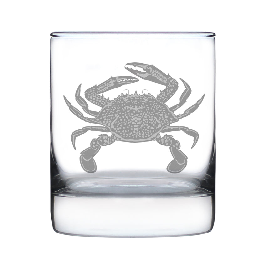 Crab Engraved Rocks Glass - Multi-Layer Engraved Whiskey Glasses - 10.25 oz
