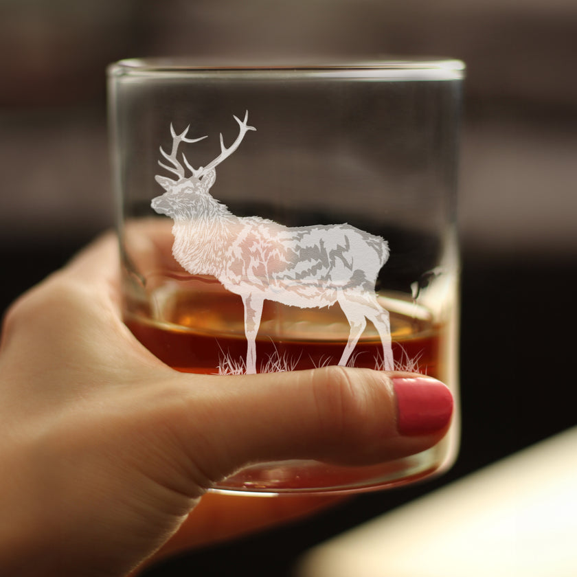 Elk Engraved Rocks Glass - Multi-Layer Engraved Whiskey Glasses - 10.25 oz