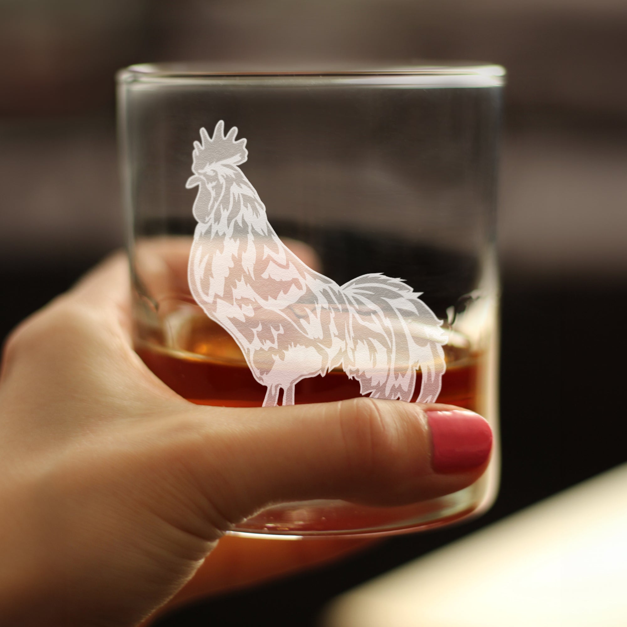 Rooster Engraved Rocks Glass - Multi-Layer Engraved Whiskey Glasses - 10.25 oz