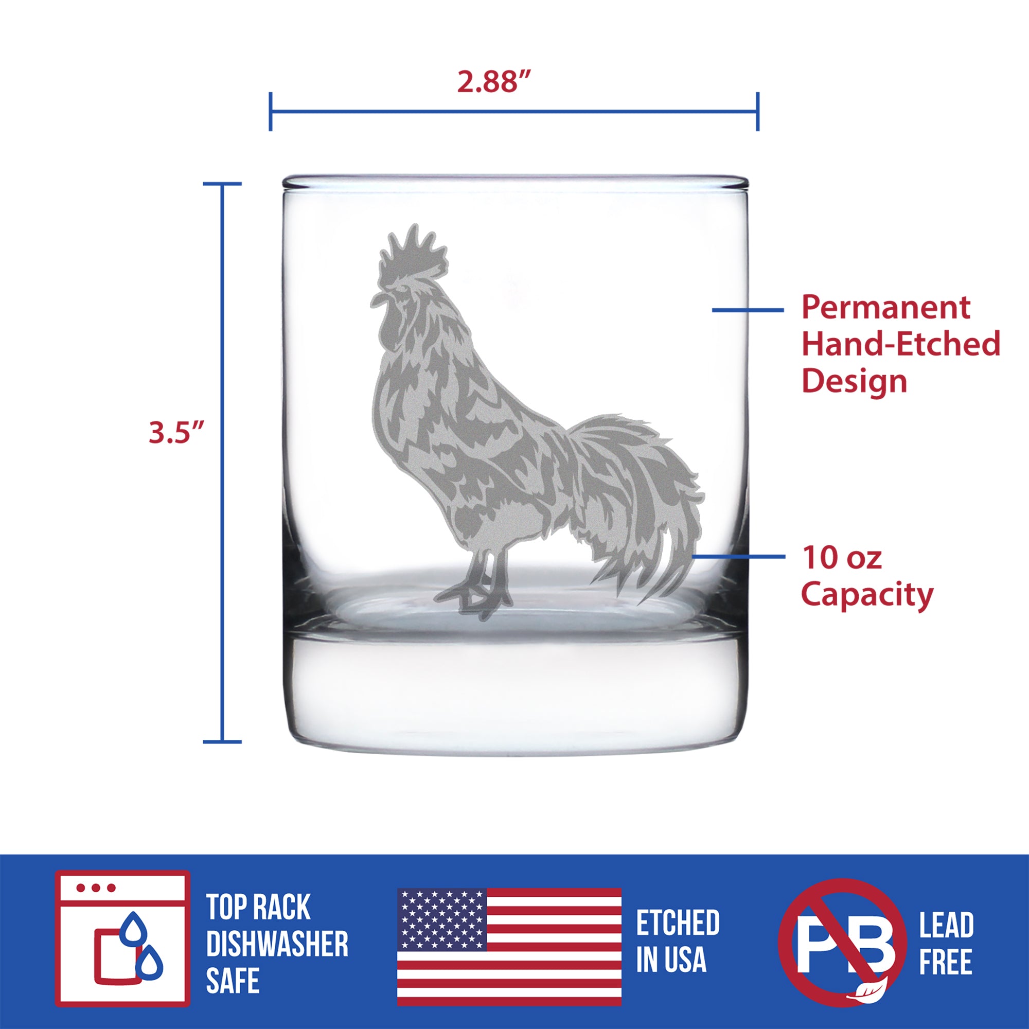 Rooster Engraved Rocks Glass - Multi-Layer Engraved Whiskey Glasses - 10.25 oz