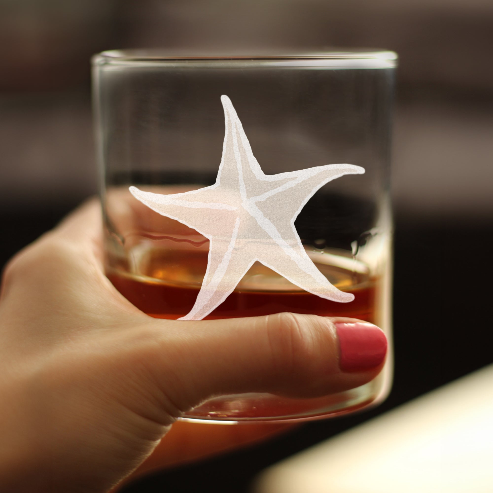 Starfish Engraved Rocks Glass - Multi-Layer Engraved Whiskey Glasses - 10.25 oz