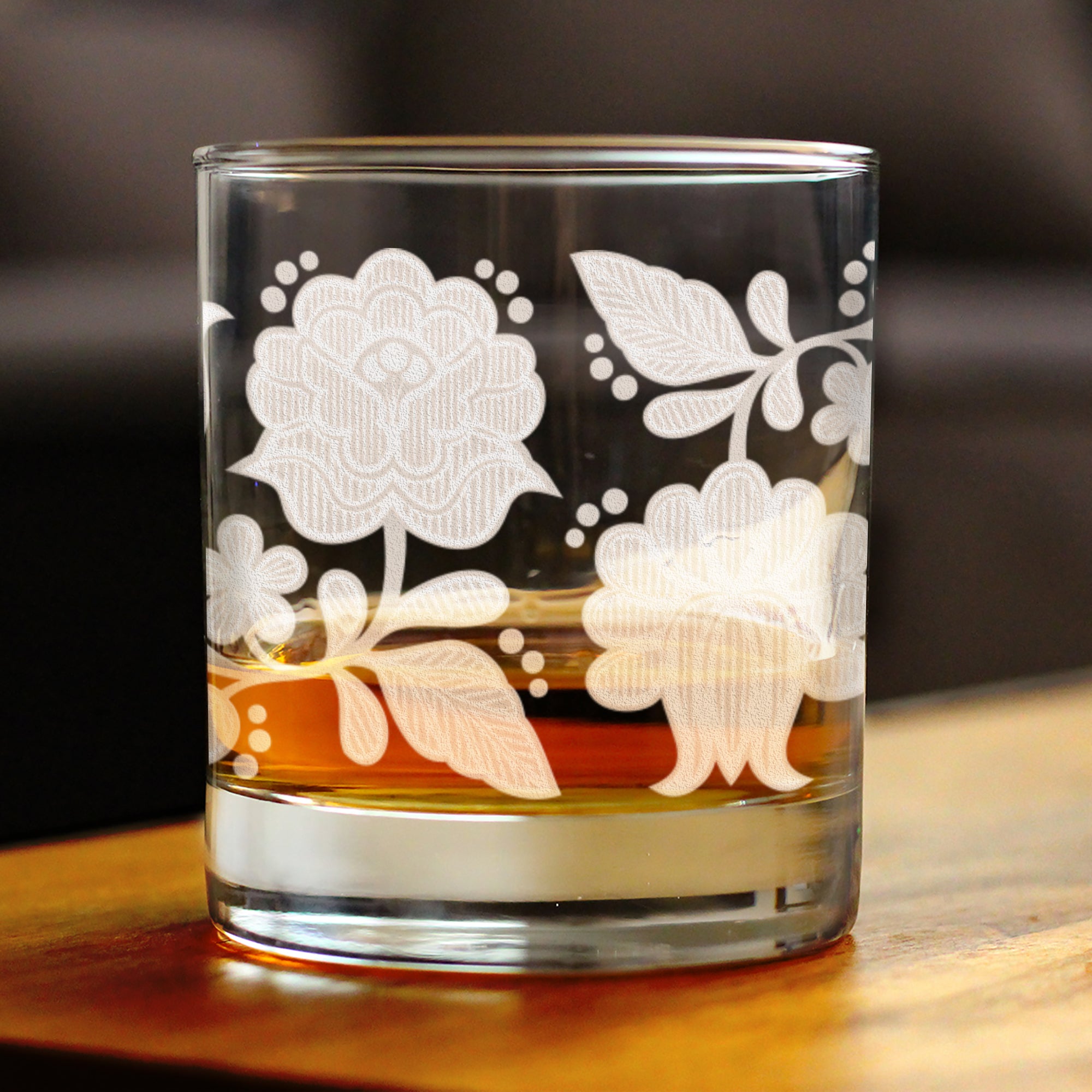 Folk Art Floral Engraved Rocks Glass Hungarian Kalocsa Embroidery Pattern Multi-Layer Engraved Whiskey Glasses - 10.25 oz