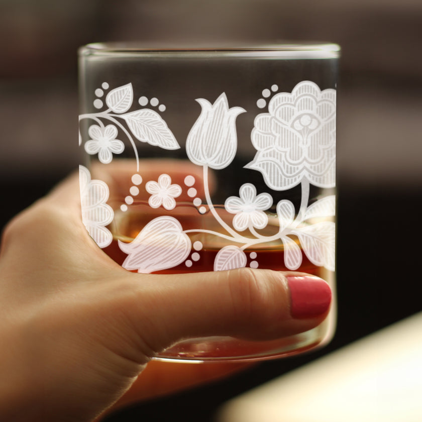 Folk Art Floral Engraved Rocks Glass Hungarian Kalocsa Embroidery Pattern Multi-Layer Engraved Whiskey Glasses - 10.25 oz