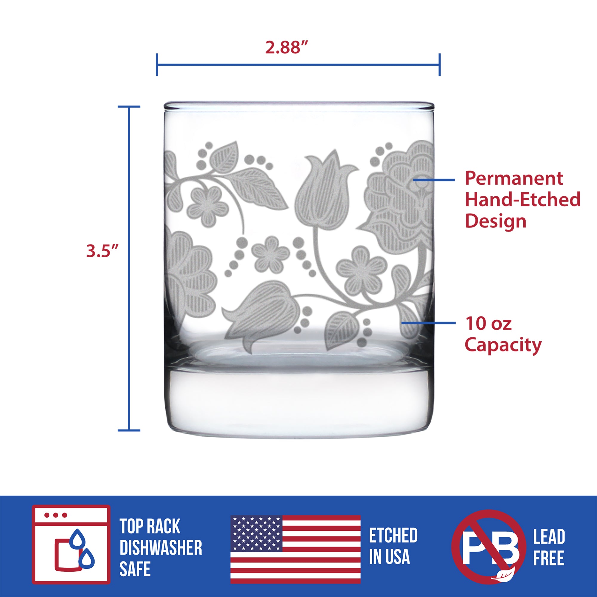 Folk Art Floral Engraved Rocks Glass Hungarian Kalocsa Embroidery Pattern Multi-Layer Engraved Whiskey Glasses - 10.25 oz