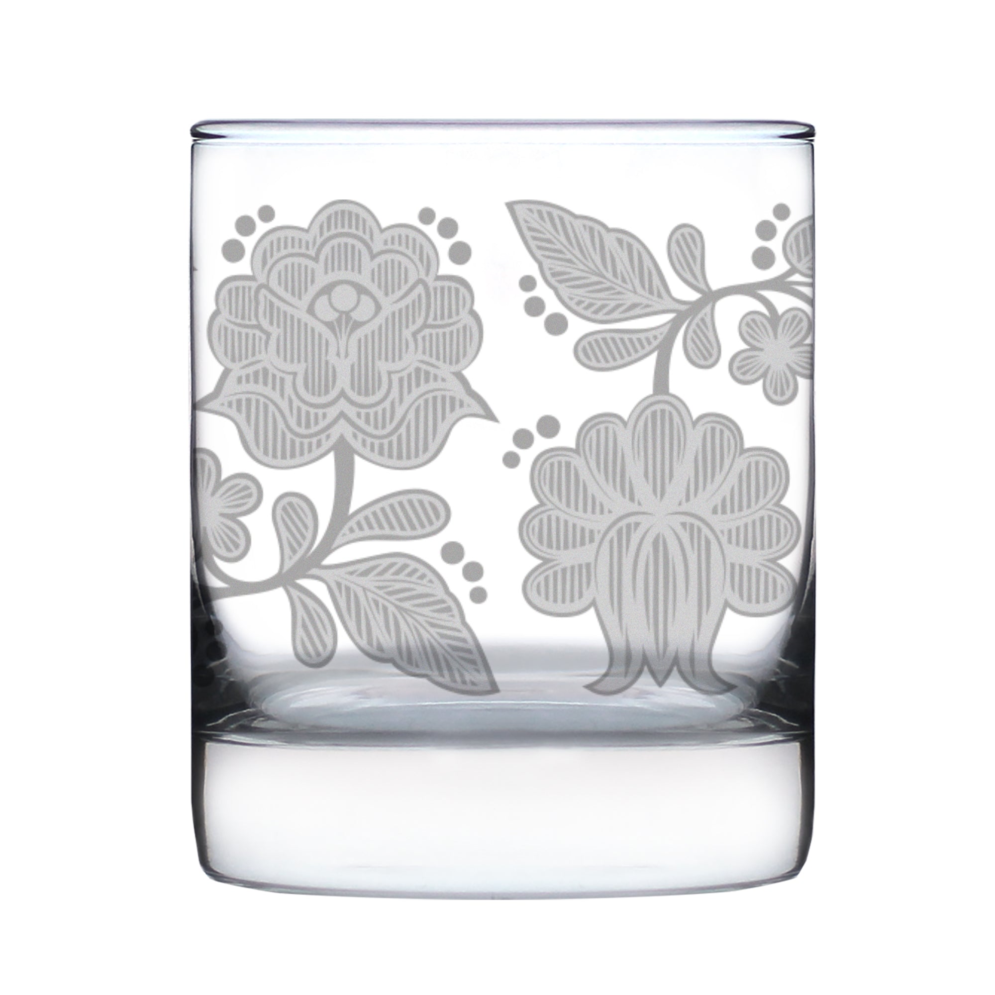 Folk Art Floral Engraved Rocks Glass Hungarian Kalocsa Embroidery Pattern Multi-Layer Engraved Whiskey Glasses - 10.25 oz