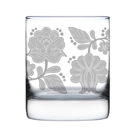 Folk Art Floral Engraved Rocks Glass Hungarian Kalocsa Embroidery Pattern Multi-Layer Engraved Whiskey Glasses - 10.25 oz