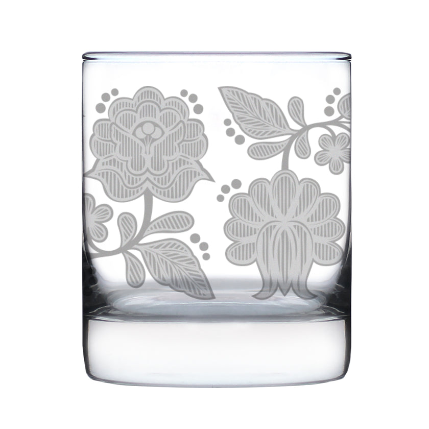 Folk Art Floral Engraved Rocks Glass Hungarian Kalocsa Embroidery Pattern Multi-Layer Engraved Whiskey Glasses - 10.25 oz