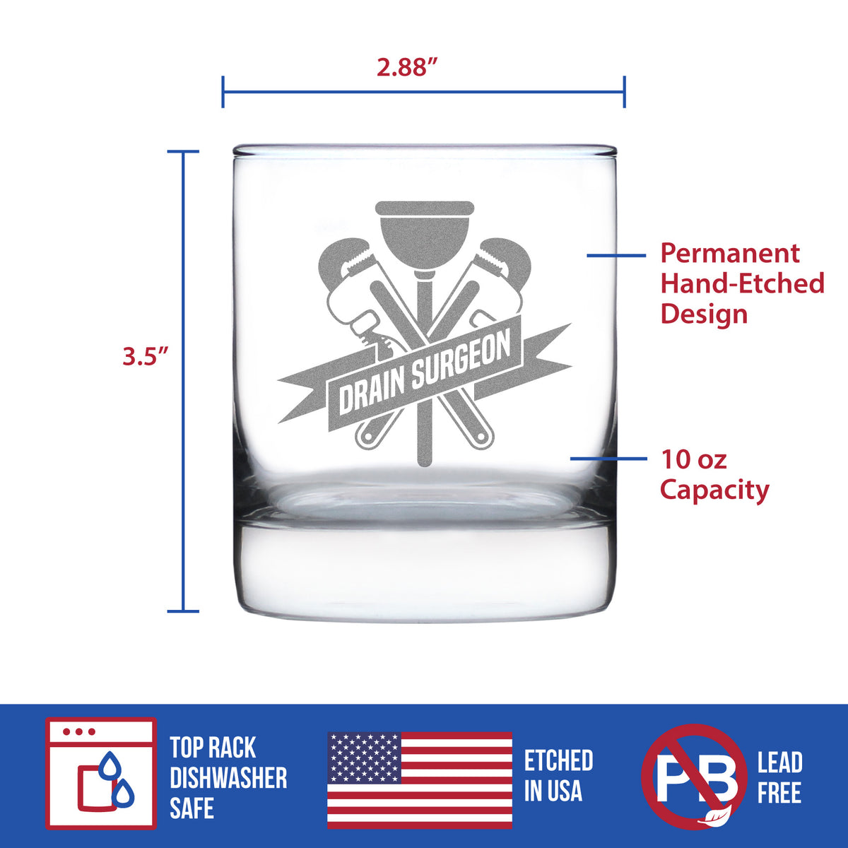 Drain Surgeon - Whiskey Rocks Glass - Funny Plumber Gifts for Men and Women - 10.25 oz Glasses