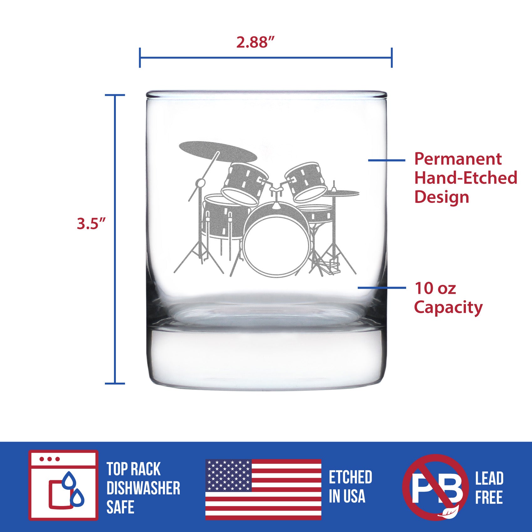 Drums Rocks Glass - Music Gifts for Drum Players, Teachers and Musical Accessories for Musicians that Play Drums - 10.25 Oz Glasses
