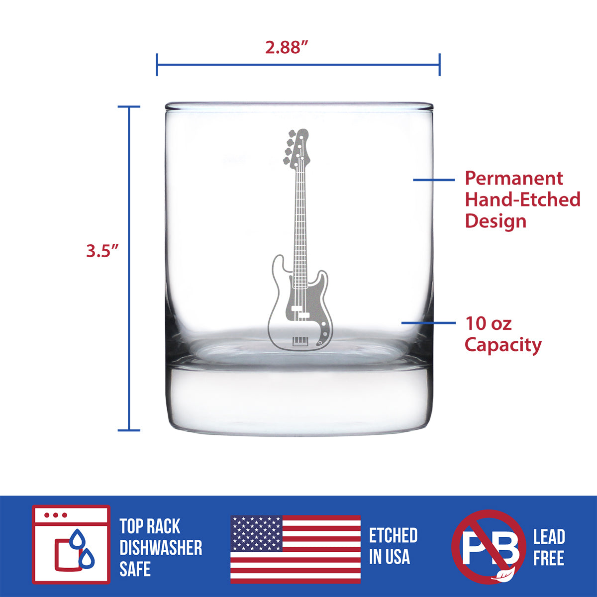 Electric Bass Rocks Glass - Music Gifts for Bass Players, Teachers and Musical Accessories for Musicians that Play Bass Guitar - 10.25 Oz Glasses