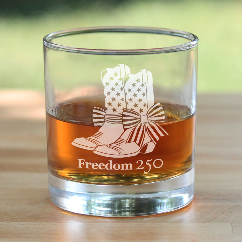 Freedom 250 Cowgirl Boots Engraved Rocks Glass - 10.25 oz Official USA 250th Anniversary Merch