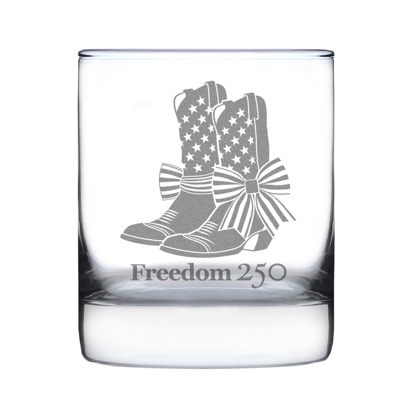 Freedom 250 Cowgirl Boots Engraved Rocks Glass - 10.25 oz Official USA 250th Anniversary Merch