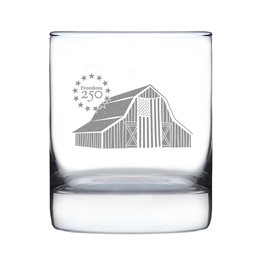Freedom 250 Homestead Barn Engraved Rocks Glass - 10.25 oz Official USA 250th Anniversary Merch
