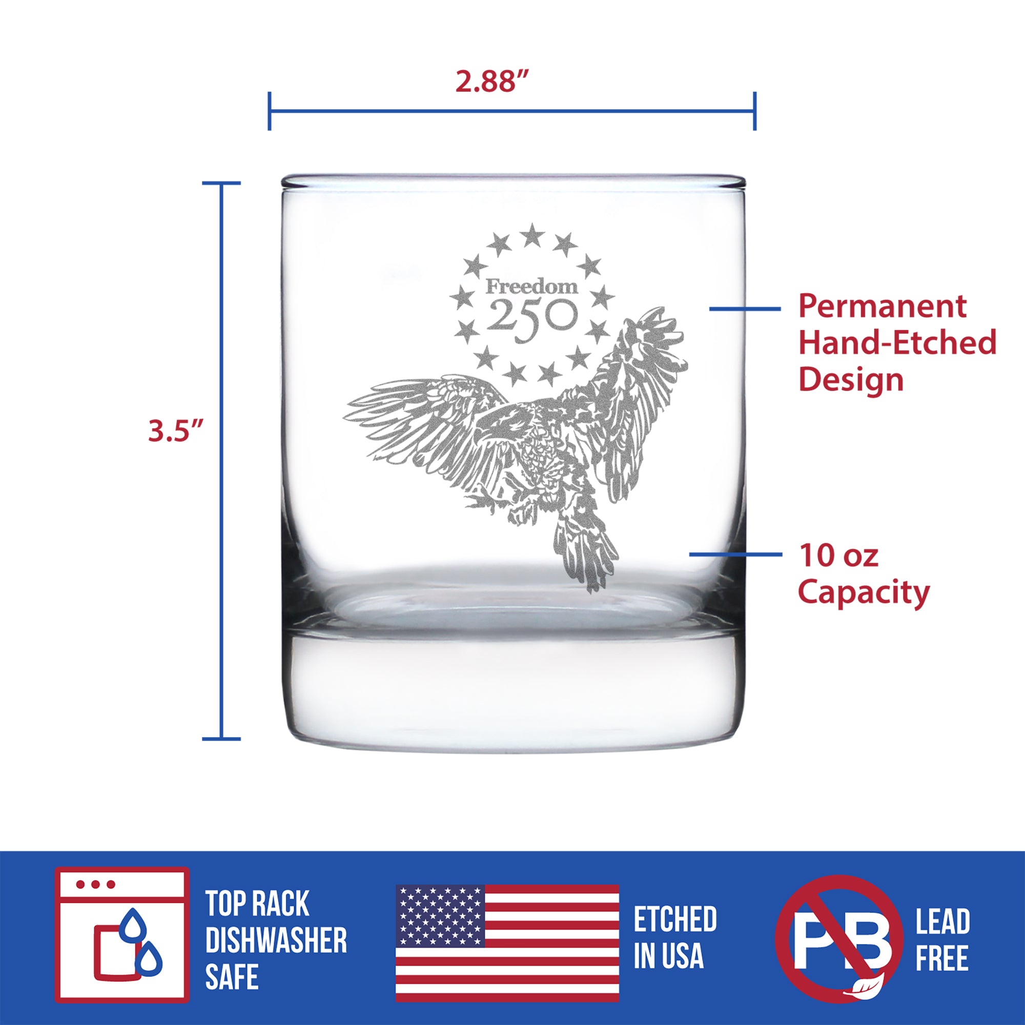 Freedom 250 Bald Eagle Engraved Rocks Glass - 10.25 oz Official USA 250th Anniversary Merch