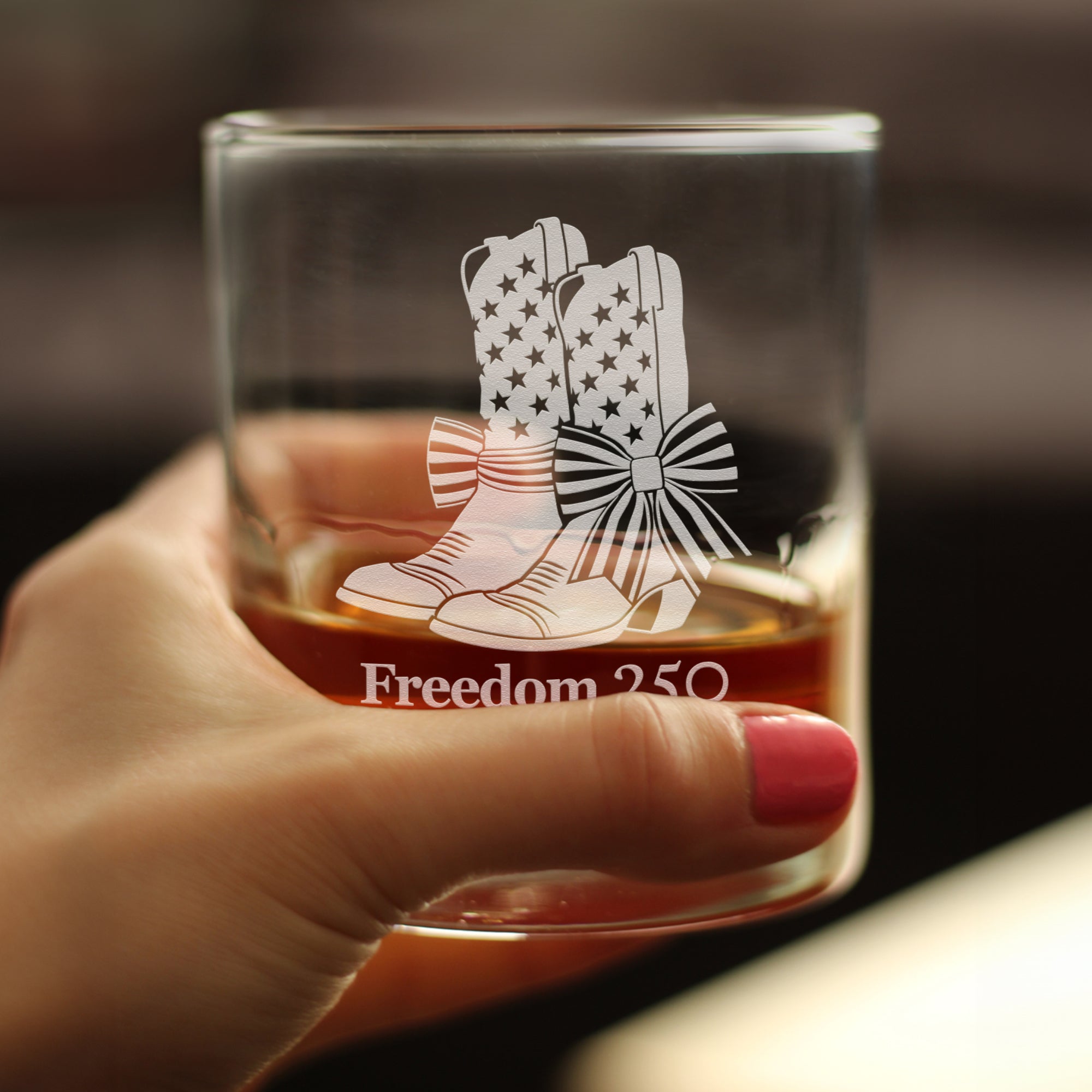 Freedom 250 Cowgirl Boots Engraved Rocks Glass - 10.25 oz Official USA 250th Anniversary Merch