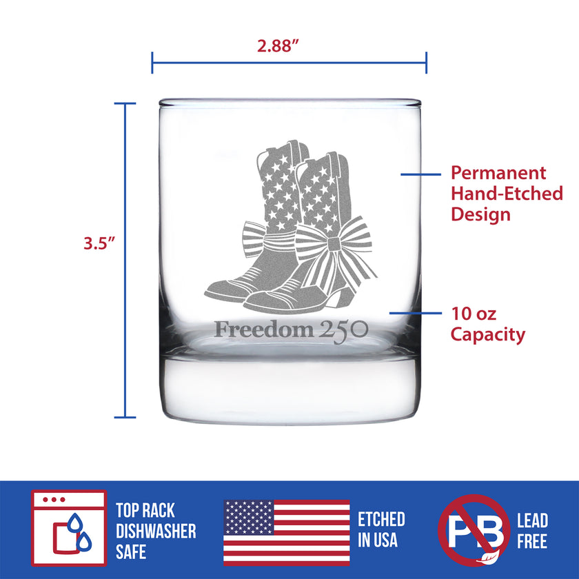 Freedom 250 Cowgirl Boots Engraved Rocks Glass - 10.25 oz Official USA 250th Anniversary Merch