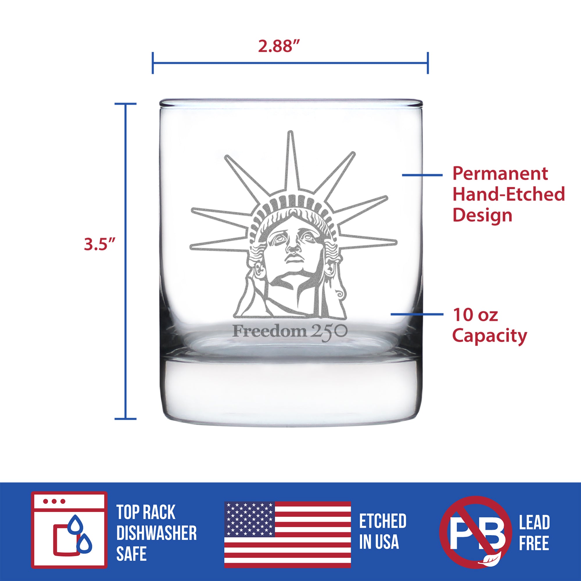 Freedom 250 Statue of Liberty Profile Engraved Rocks Glass - 10.25 oz Official USA 250th Anniversary Merch