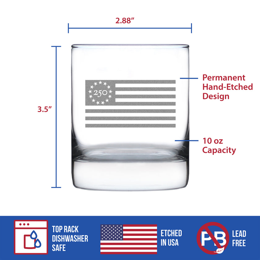 Freedom 250 Flag Logo Engraved Rocks Glass - 10.25 oz Official USA 250th Anniversary Merch
