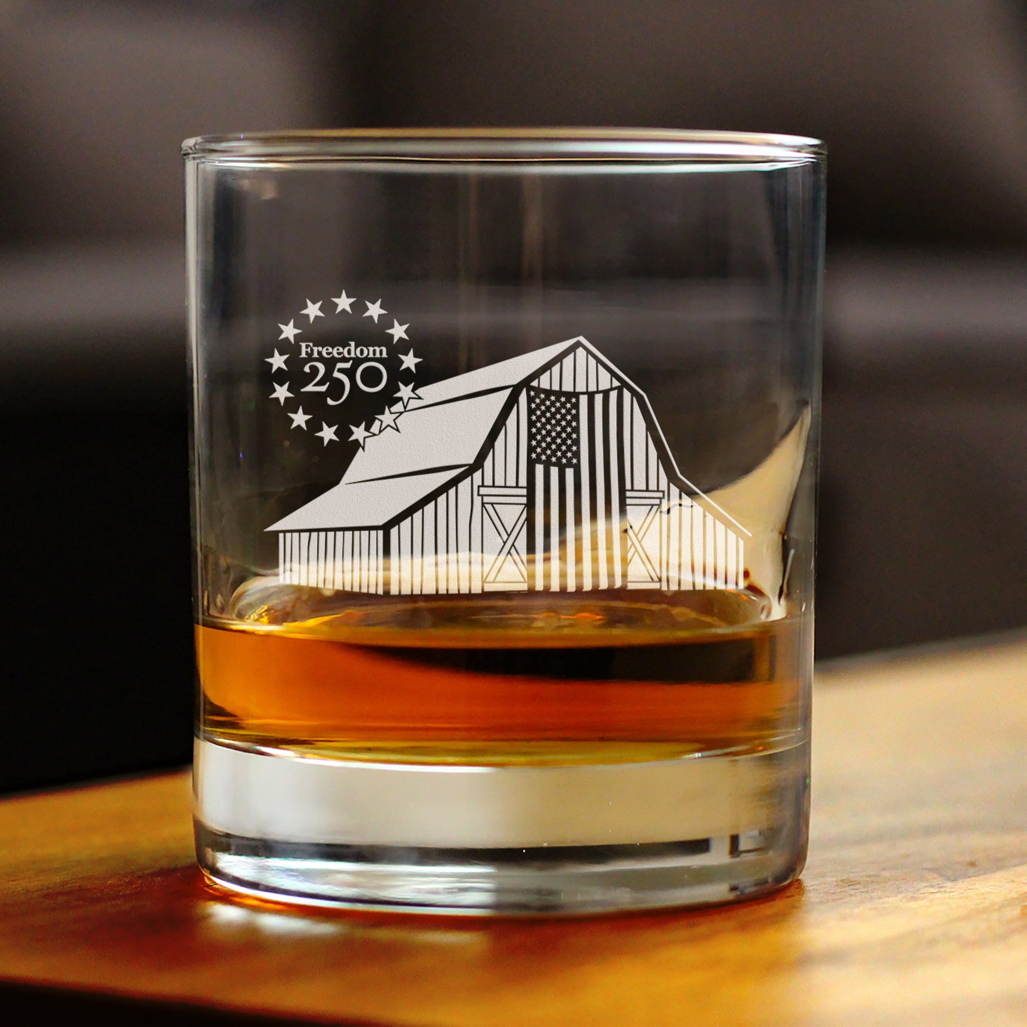 Freedom 250 Homestead Barn Engraved Rocks Glass - 10.25 oz Official USA 250th Anniversary Merch