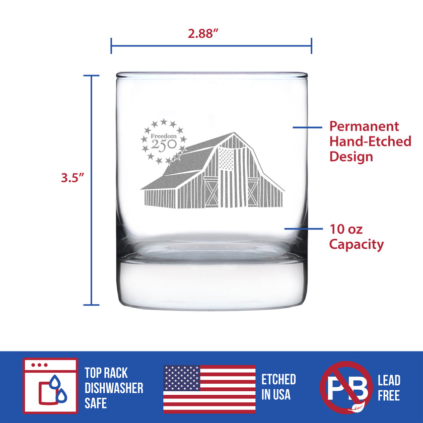 Freedom 250 Homestead Barn Engraved Rocks Glass - 10.25 oz Official USA 250th Anniversary Merch