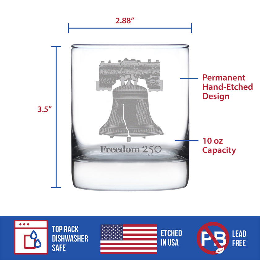 Freedom 250 Liberty Bell Engraved Rocks Glass - 10.25 oz Official USA 250th Anniversary Merch