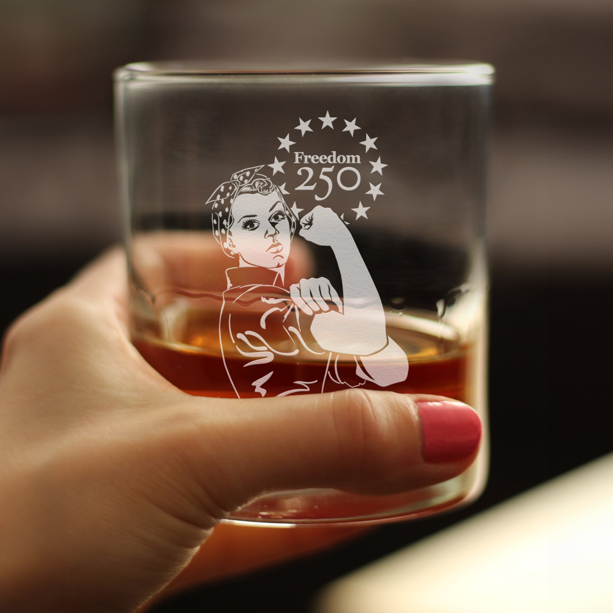 Freedom 250 Rosie the Riveter Engraved Rocks Glass - 10.25 oz Official USA 250th Anniversary Merch