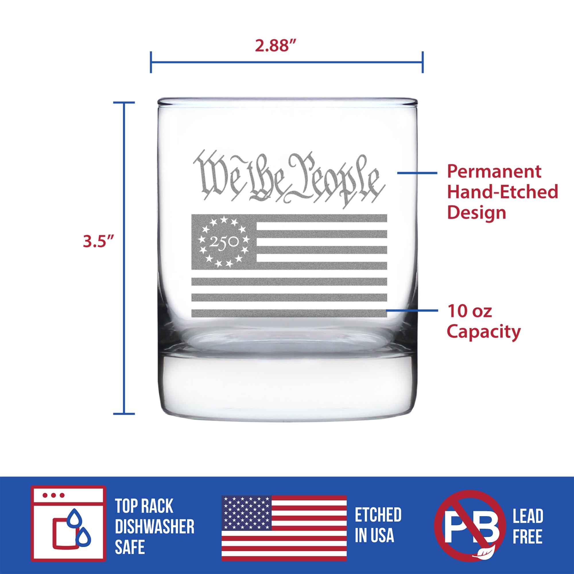Freedom 250 We the People Engraved Rocks Glass - 10.25 oz Official USA 250th Anniversary Merch