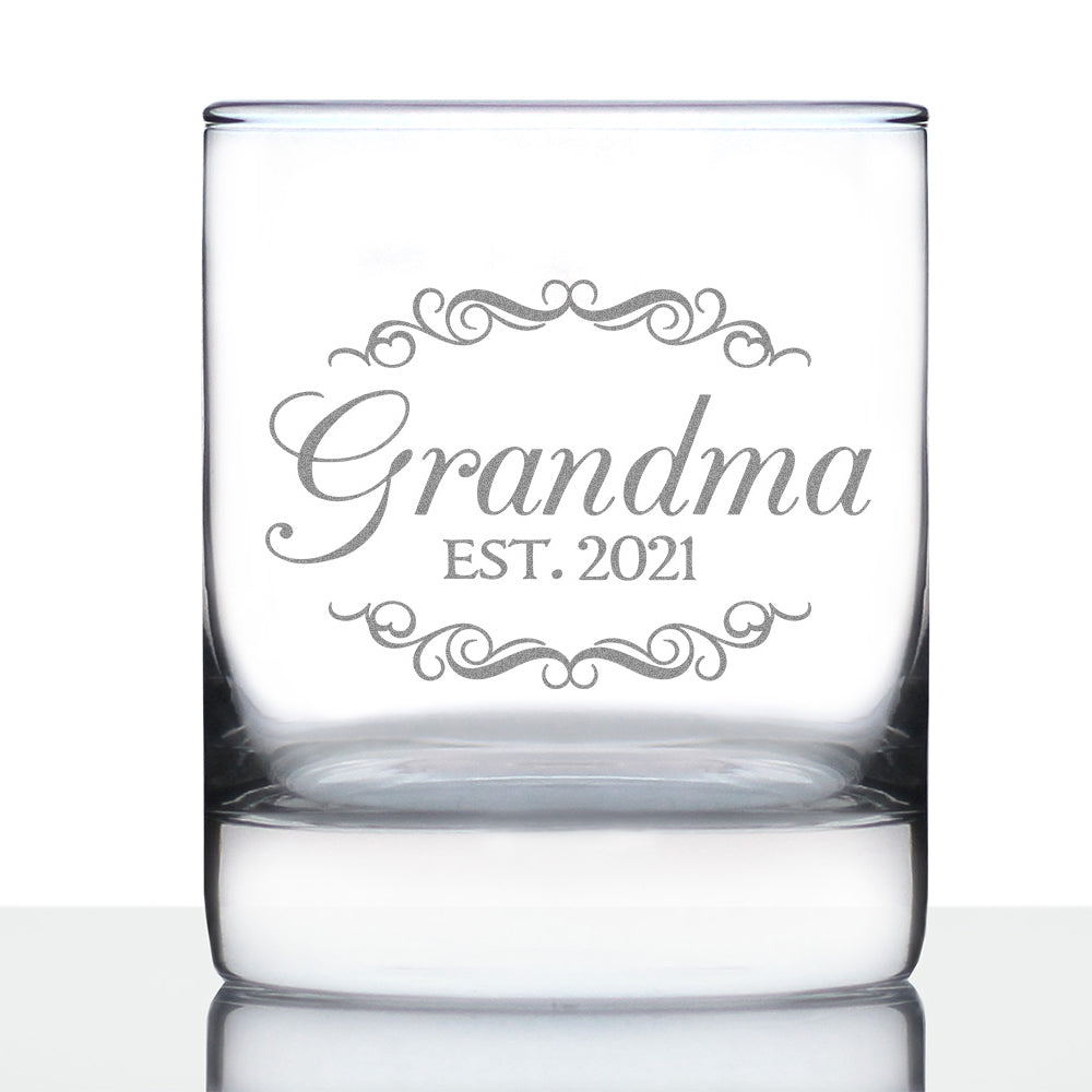 Grandma Est 2021 - New Grandmother Whiskey Rocks Glass Gift for First Time Grandparents - Decorative 10.25 Oz Glasses