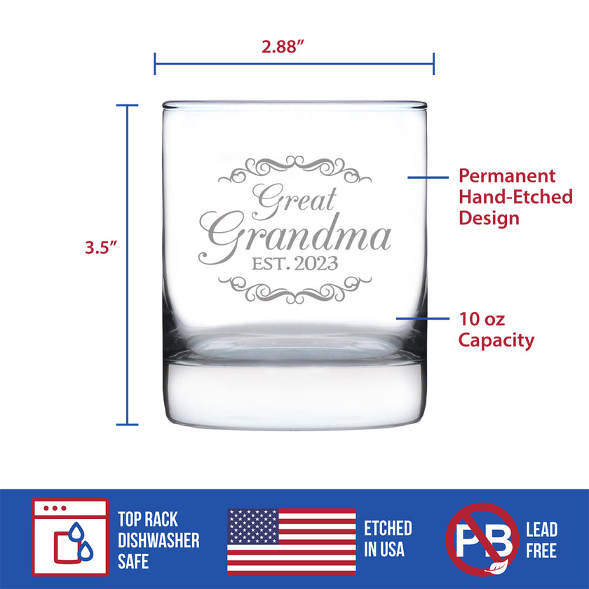 Great Grandma Est 2023 - New Great Grandmother Whiskey Rocks Glass Gift for First Time Great Grandparents - Decorative 10.25 Oz Glasses