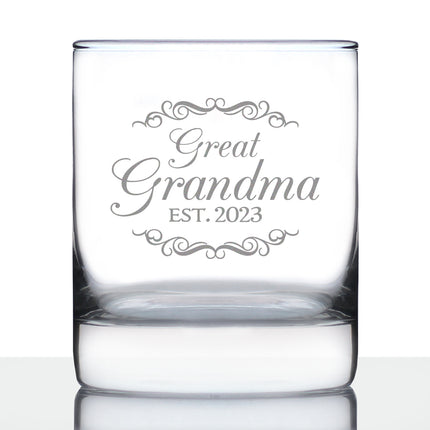 Great Grandma Est 2023 - New Great Grandmother Whiskey Rocks Glass Gift for First Time Great Grandparents - Decorative 10.25 Oz Glasses