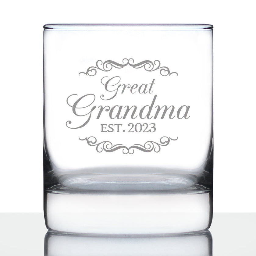 Great Grandma Est 2023 - New Great Grandmother Whiskey Rocks Glass Gift for First Time Great Grandparents - Decorative 10.25 Oz Glasses