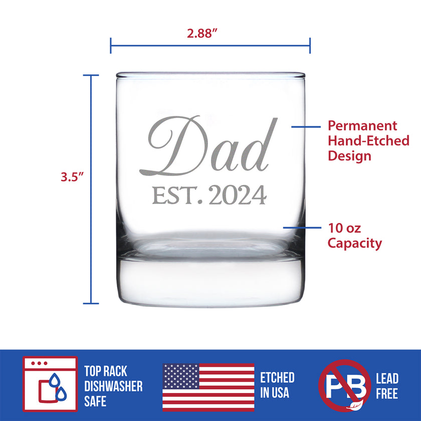 Dad Est 2024 - New Father Whiskey Rocks Glass Gift for First Time Parents - Decorative 10.25 Oz Glasses