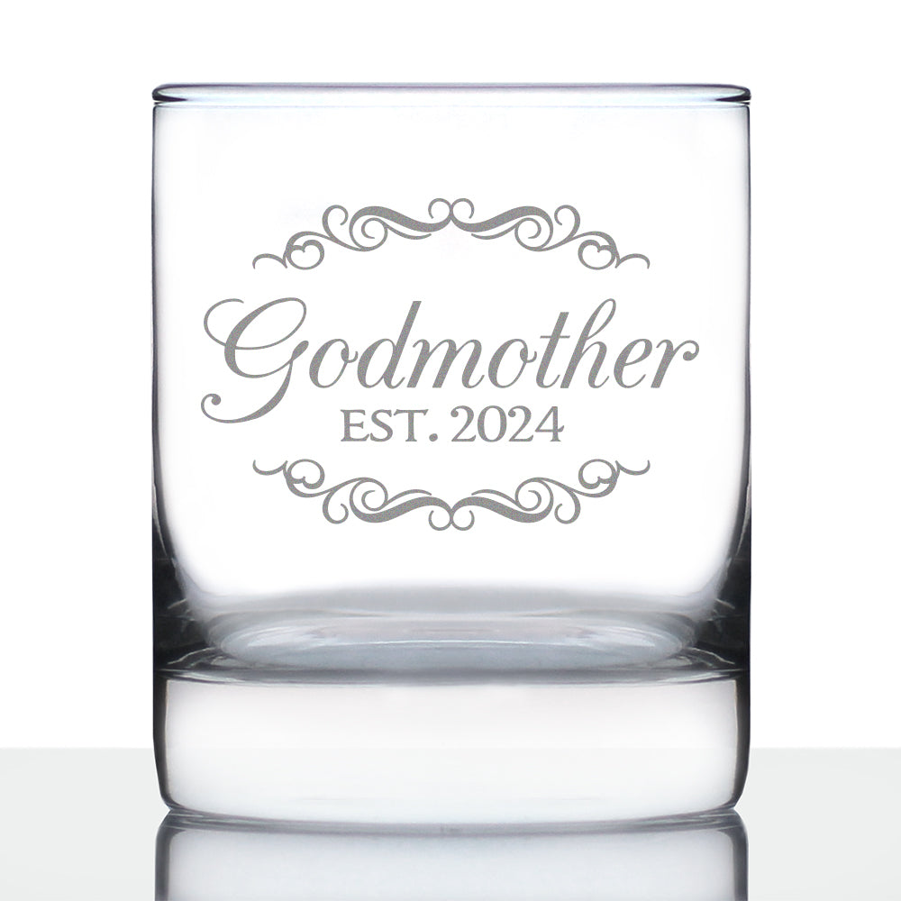 Godmother Est 2024 - New Godmother Whiskey Rocks Glass Proposal Gift for First Time Godparents - Decorative 10.25 Oz Glasses