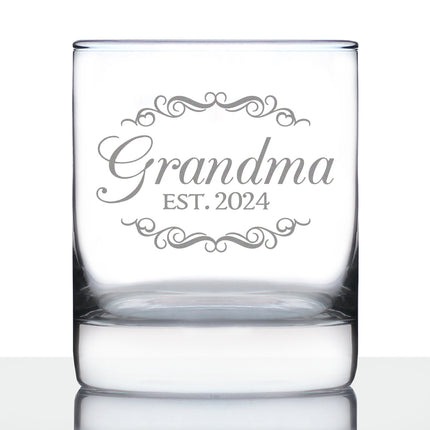 Grandma Est 2024 - New Grandmother Whiskey Rocks Glass Gift for First Time Grandparents - Decorative 10.25 Oz Glasses