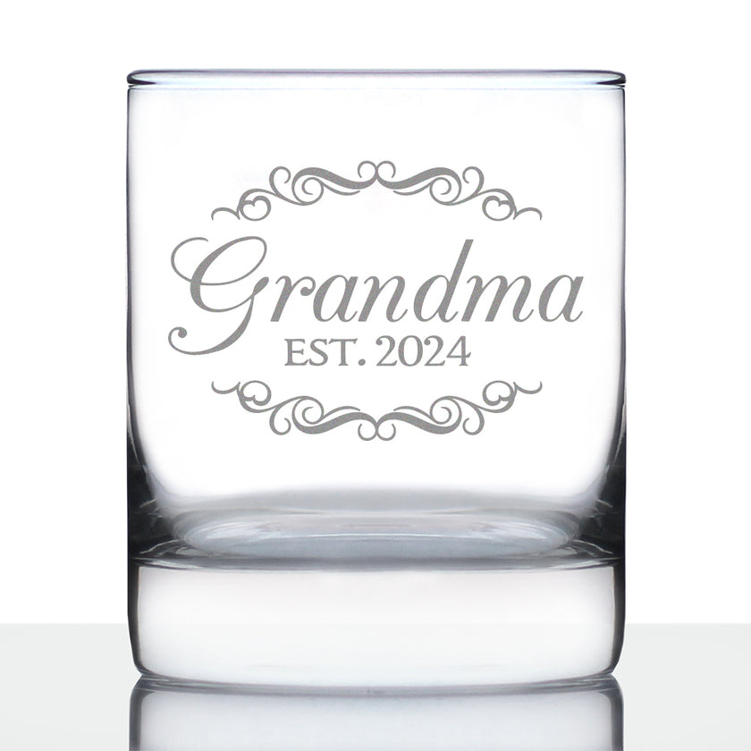 Grandma Est 2024 - New Grandmother Whiskey Rocks Glass Gift for First Time Grandparents - Decorative 10.25 Oz Glasses