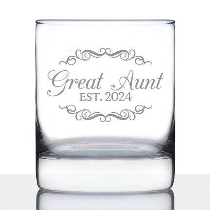 Great Aunt Est 2024 - New Great Aunts Whiskey Rocks Glass Gift for First Time Great Aunts - Decorative 10.25 Oz Glasses