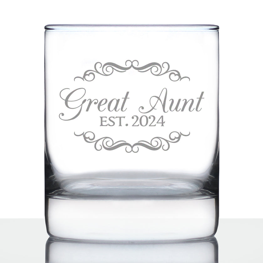Great Aunt Est 2024 - New Great Aunts Whiskey Rocks Glass Gift for First Time Great Aunts - Decorative 10.25 Oz Glasses