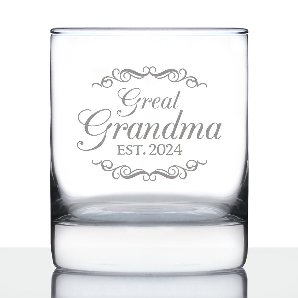 Great Grandma Est 2024 - New Great Grandmother Whiskey Rocks Glass Gift for First Time Great Grandparents - Decorative 10.25 Oz Glasses
