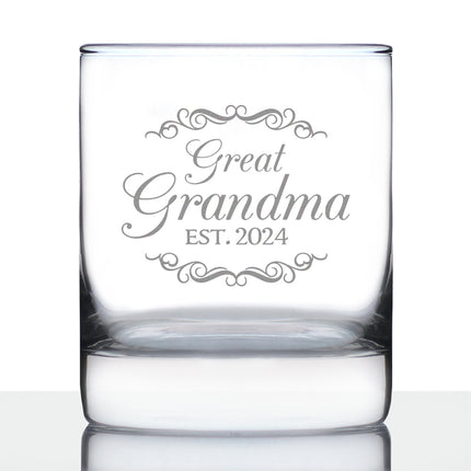 Great Grandma Est 2024 - New Great Grandmother Whiskey Rocks Glass Gift for First Time Great Grandparents - Decorative 10.25 Oz Glasses