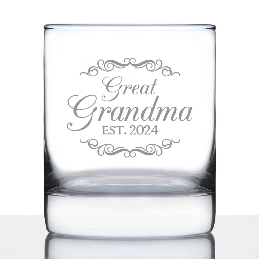 Great Grandma Est 2024 - New Great Grandmother Whiskey Rocks Glass Gift for First Time Great Grandparents - Decorative 10.25 Oz Glasses