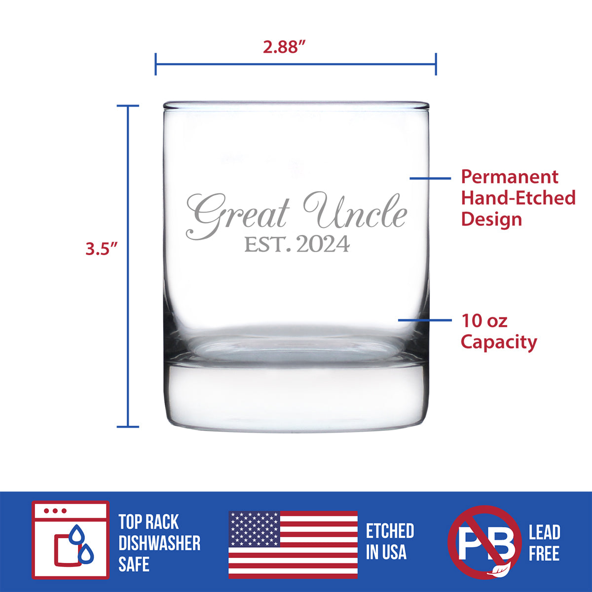 Great Uncle Est 2024 - Whiskey Rocks Glass Gift for First Time Great Uncles - Decorative 10.25 Oz Glasses