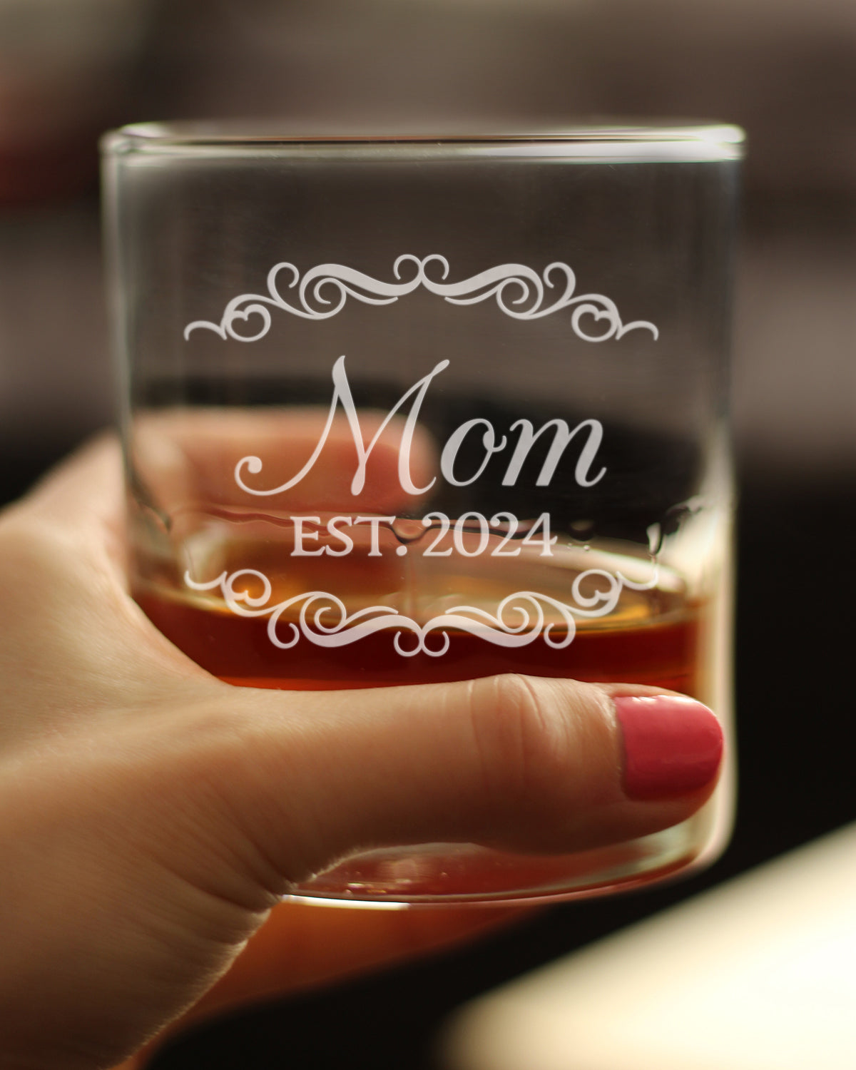 Mom Est 2024 - New Mother Whiskey Rocks Glass Gift for First Time Parents - Decorative 10.25 Oz Glasses