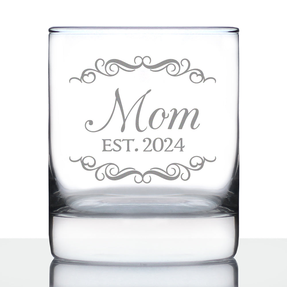 Mom Est 2024 - New Mother Whiskey Rocks Glass Gift for First Time Parents - Decorative 10.25 Oz Glasses