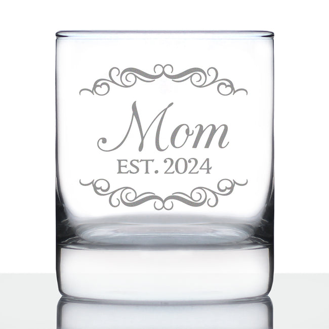 Mom Est 2024 - New Mother Whiskey Rocks Glass Gift for First Time Parents - Decorative 10.25 Oz Glasses