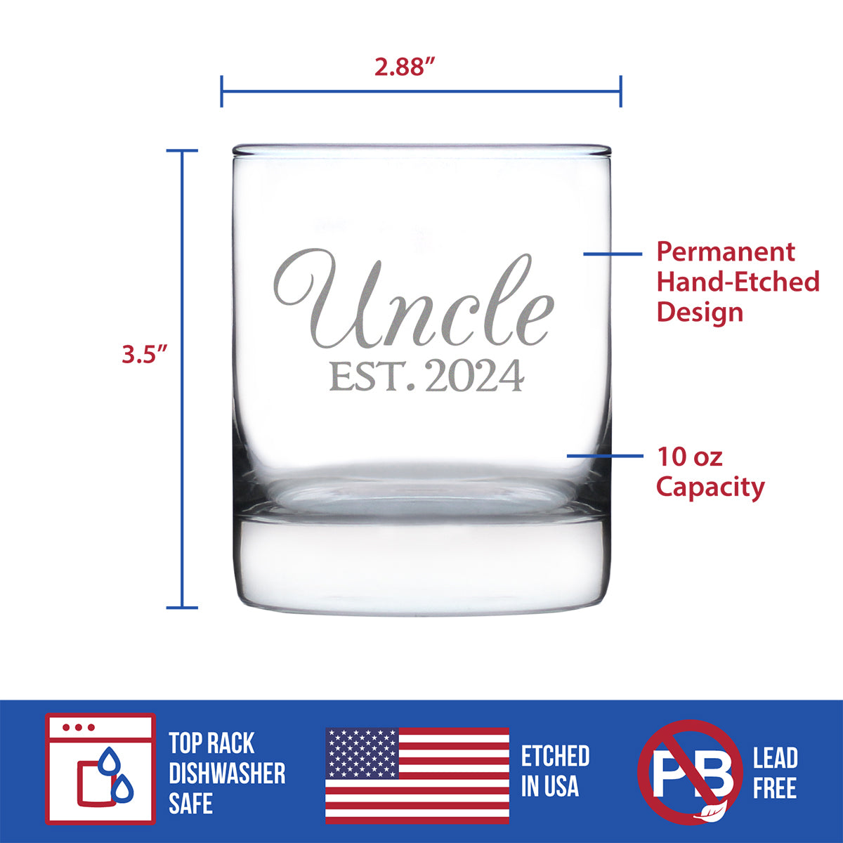 Uncle Est 2024 - Whiskey Rocks Glass Gift for First Time Uncles - Decorative 10.25 Oz Glasses