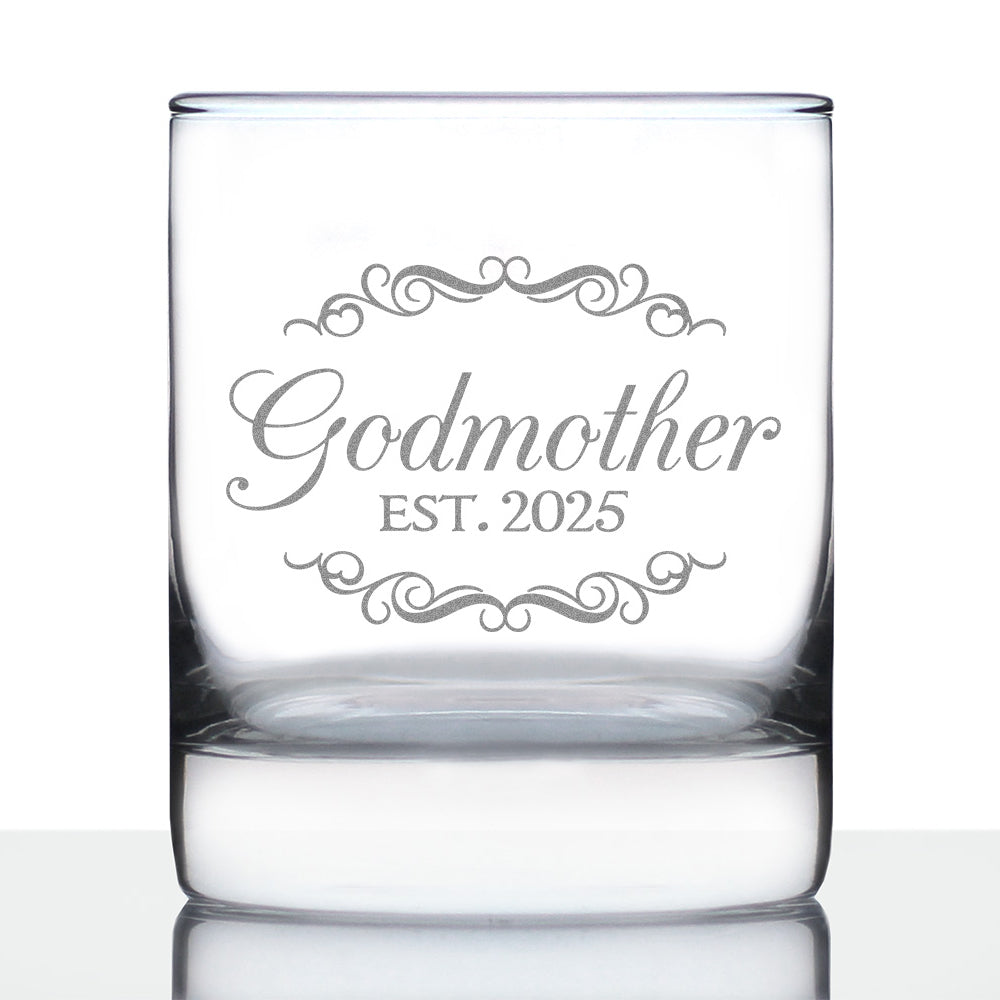 Godmother Est 2025 - New Godmother Whiskey Rocks Glass Proposal Gift for First Time Godparents - Decorative 10.25 Oz Glasses