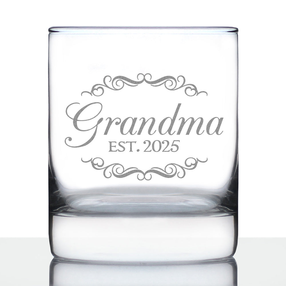 Grandma Est 2025 - New Grandmother Whiskey Rocks Glass Gift for First Time Grandparents - Decorative 10.25 Oz Glasses