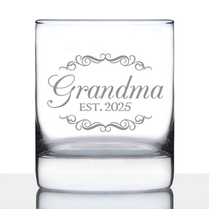 Grandma Est 2025 - New Grandmother Whiskey Rocks Glass Gift for First Time Grandparents - Decorative 10.25 Oz Glasses