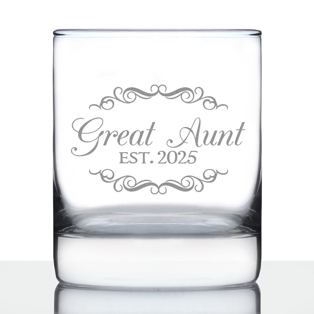 Great Aunt Est 2025 - New Great Aunts Whiskey Rocks Glass Gift for First Time Great Aunts - Decorative 10.25 Oz Glasses