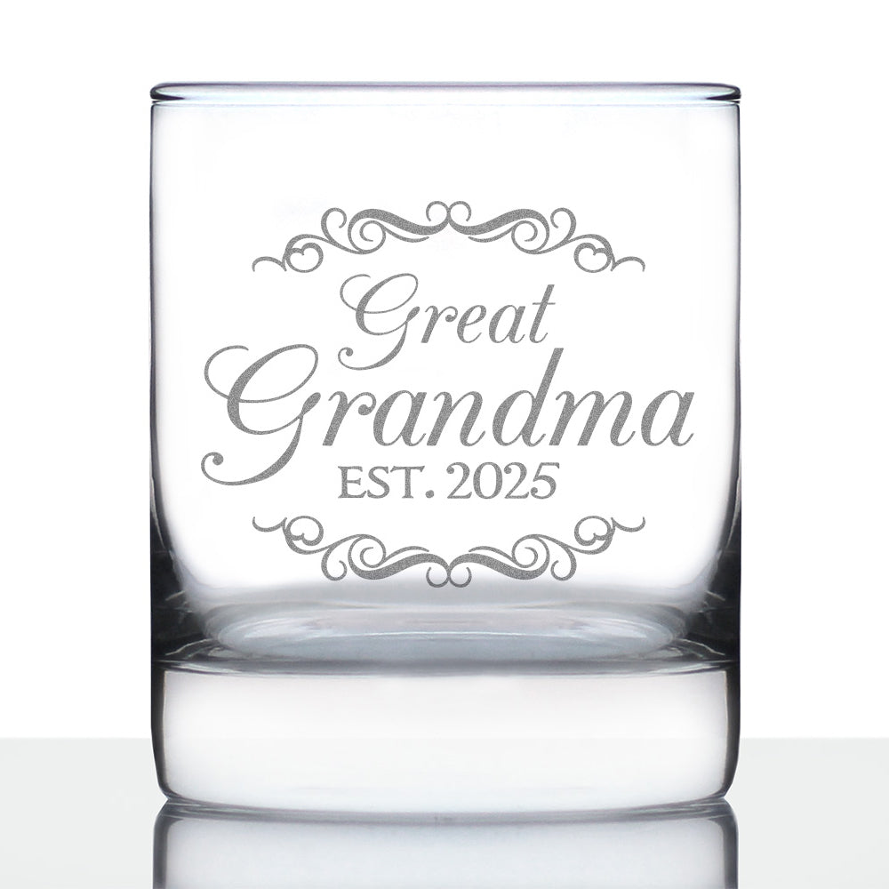 Great Grandma Est 2025 - New Great Grandmother Whiskey Rocks Glass Gift for First Time Great Grandparents - Decorative 10.25 Oz Glasses